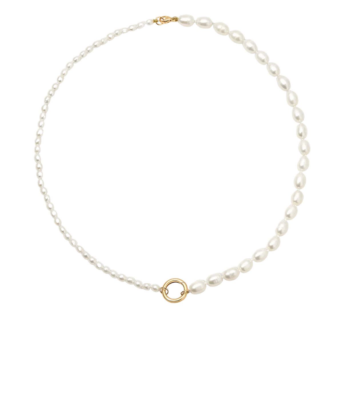 Adina Reyter Half & Half Pearl Necklace in 10K Yellow Gold laid flat in a circle, showing both pearl sizes
