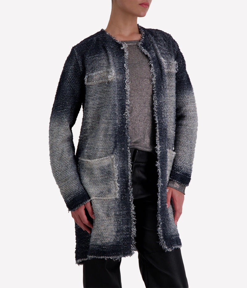Women’s longline open-front jacket featuring a hand-painted finish, contrast stitching, side pockets, and a soft lining—ideal for transseasonal wear.