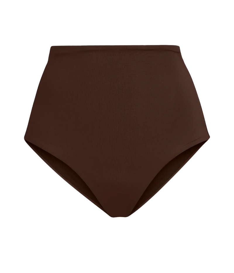 A pair of high-waisted bikini bottoms in a solid dark brown color, Hi Tide Bottom In Cold Brew
