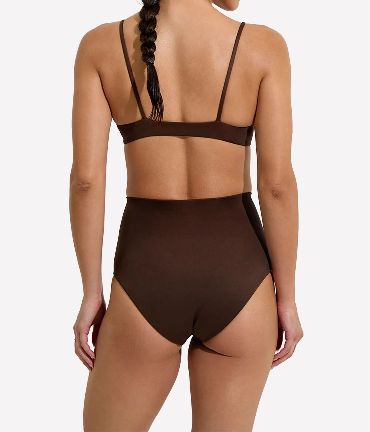 Rear view of a model wearing a dark brown two-piece swimsuit - Hi Tide Bottom In Cold Brew