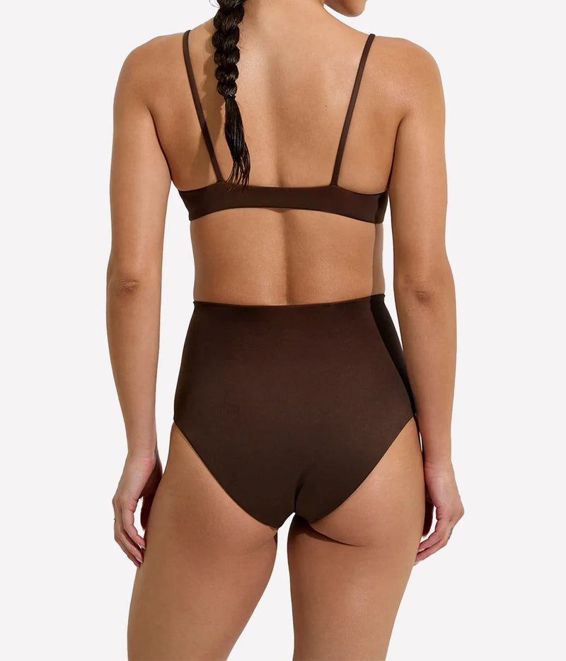 Rear view of a model wearing a dark brown two-piece swimsuit - Hi Tide Bottom In Cold Brew