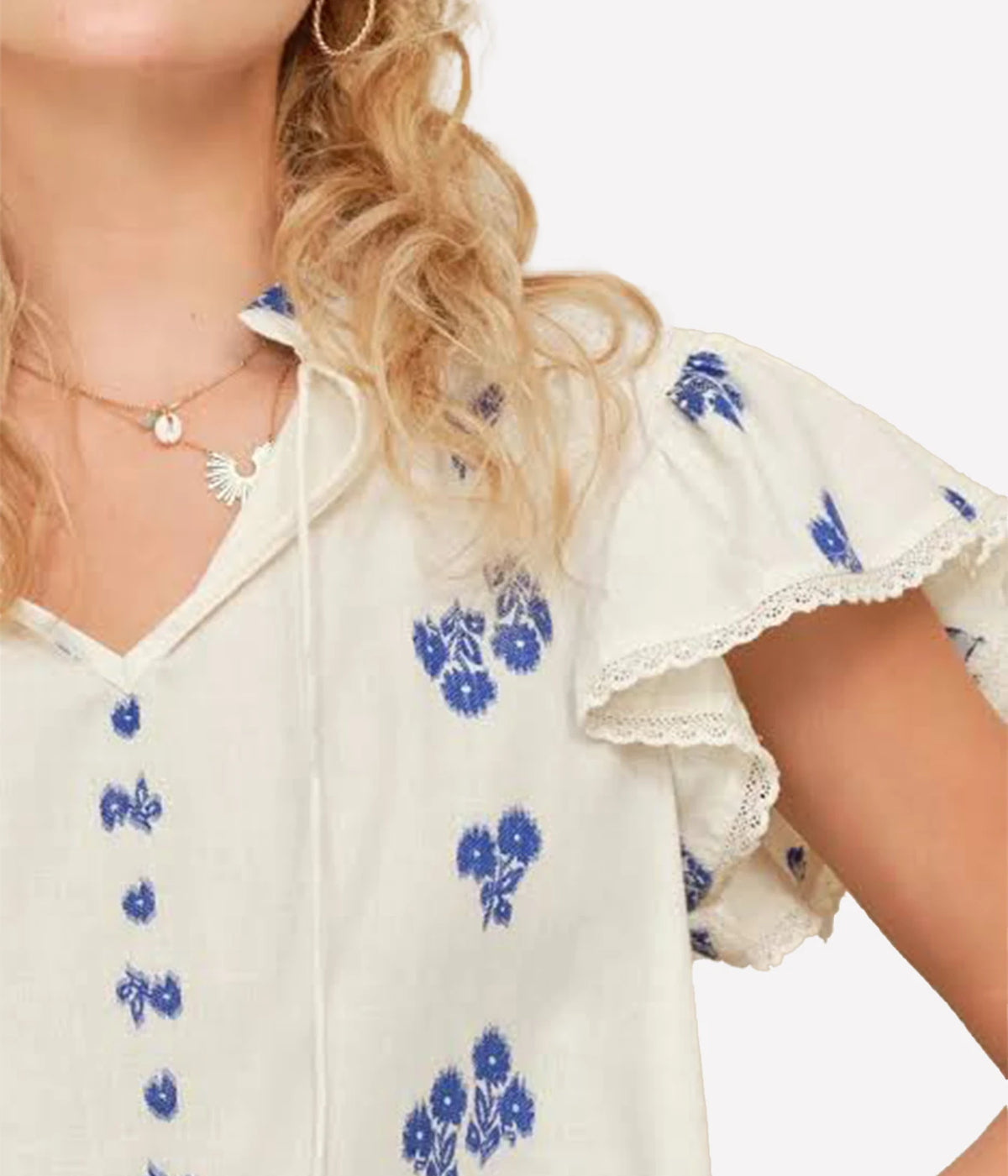 M.A.B.E Iris Woven Frill Short Sleeve Top in Blue – close-up of lace frill sleeve