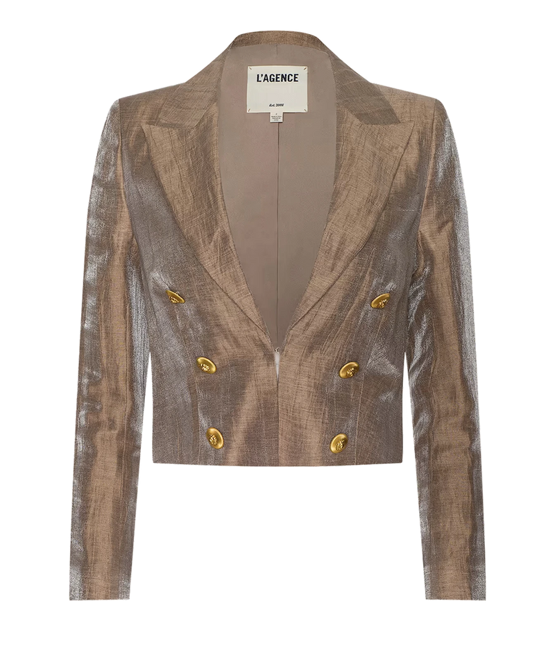 L’AGENCE Inez Cropped Blazer in Latte & Gold with peaked lapels and decorative gold buttons.