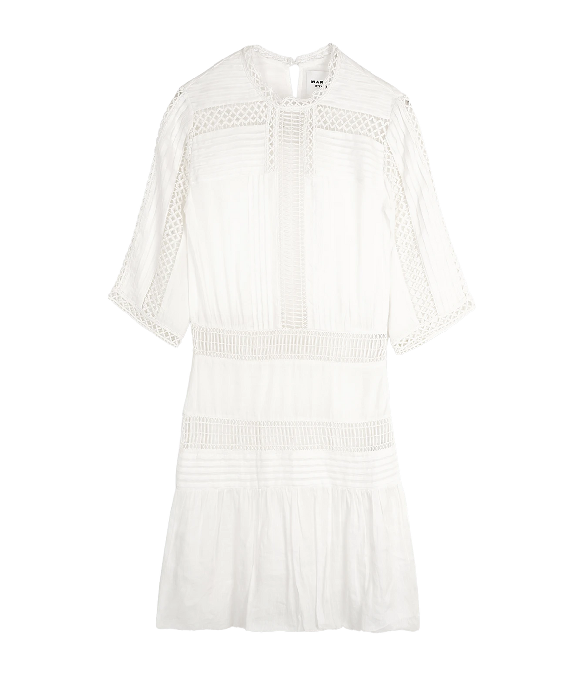 Isabel Marant Paige Dress in White, front product view highlighting the open-knit detailing, elbow-length sleeves and cinched waist.