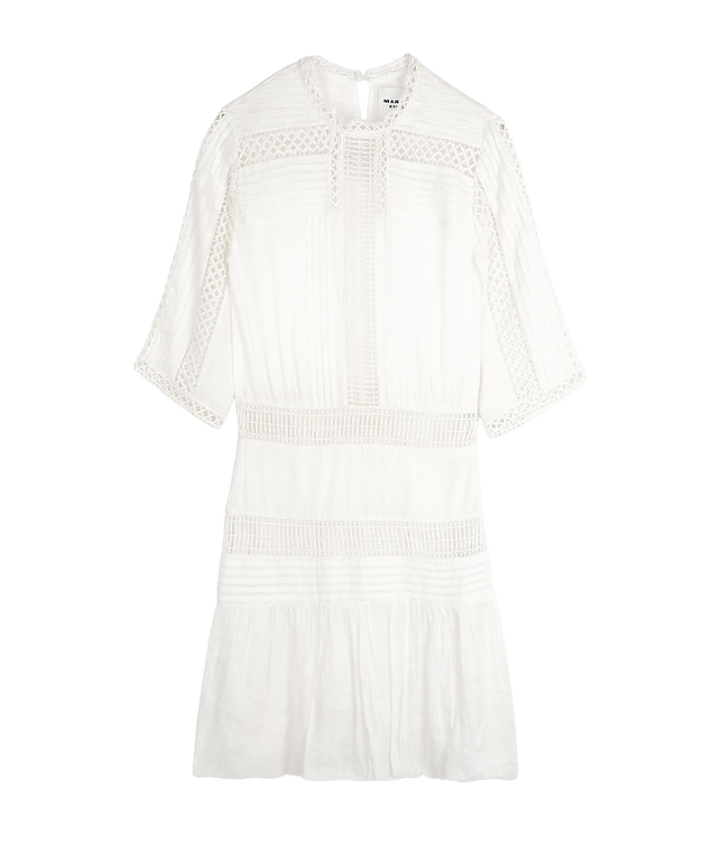 Isabel Marant Paige Dress in White, front product view highlighting the open-knit detailing, elbow-length sleeves and cinched waist.