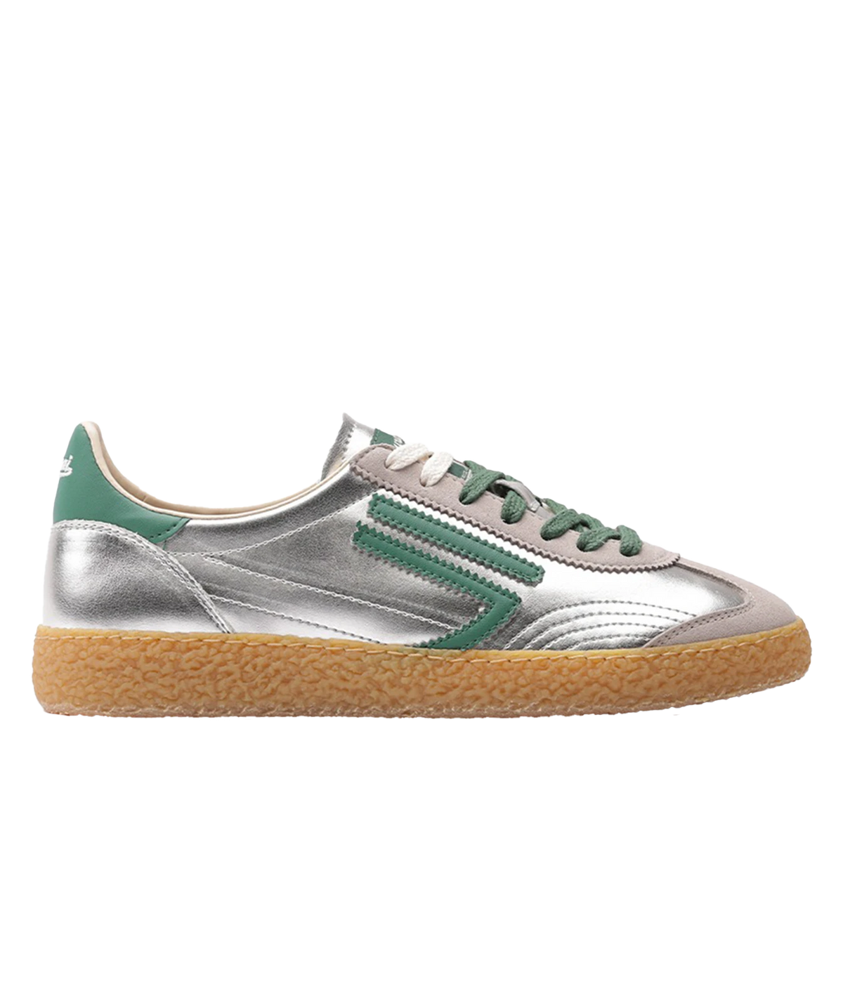 Side profile of the Puraai 6.01 XS Sneaker in Jade, showing the metallic silver upper, green side stripe, green laces and heel tab, and gum sole