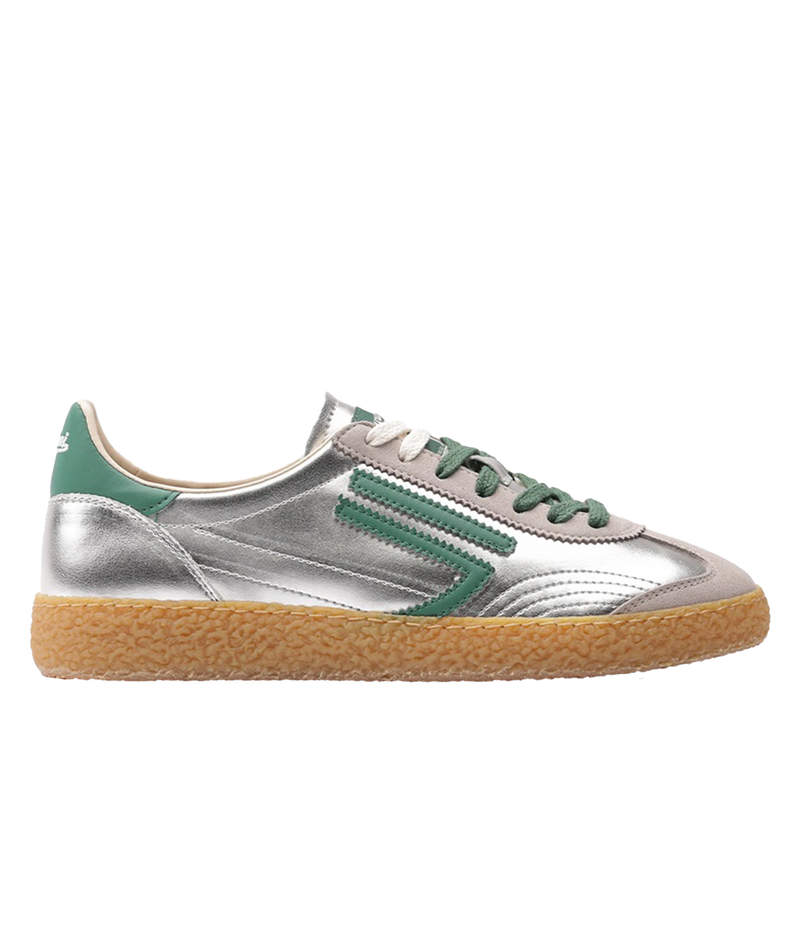 Side profile of the Puraai 6.01 XS Sneaker in Jade, showing the metallic silver upper, green side stripe, green laces and heel tab, and gum sole