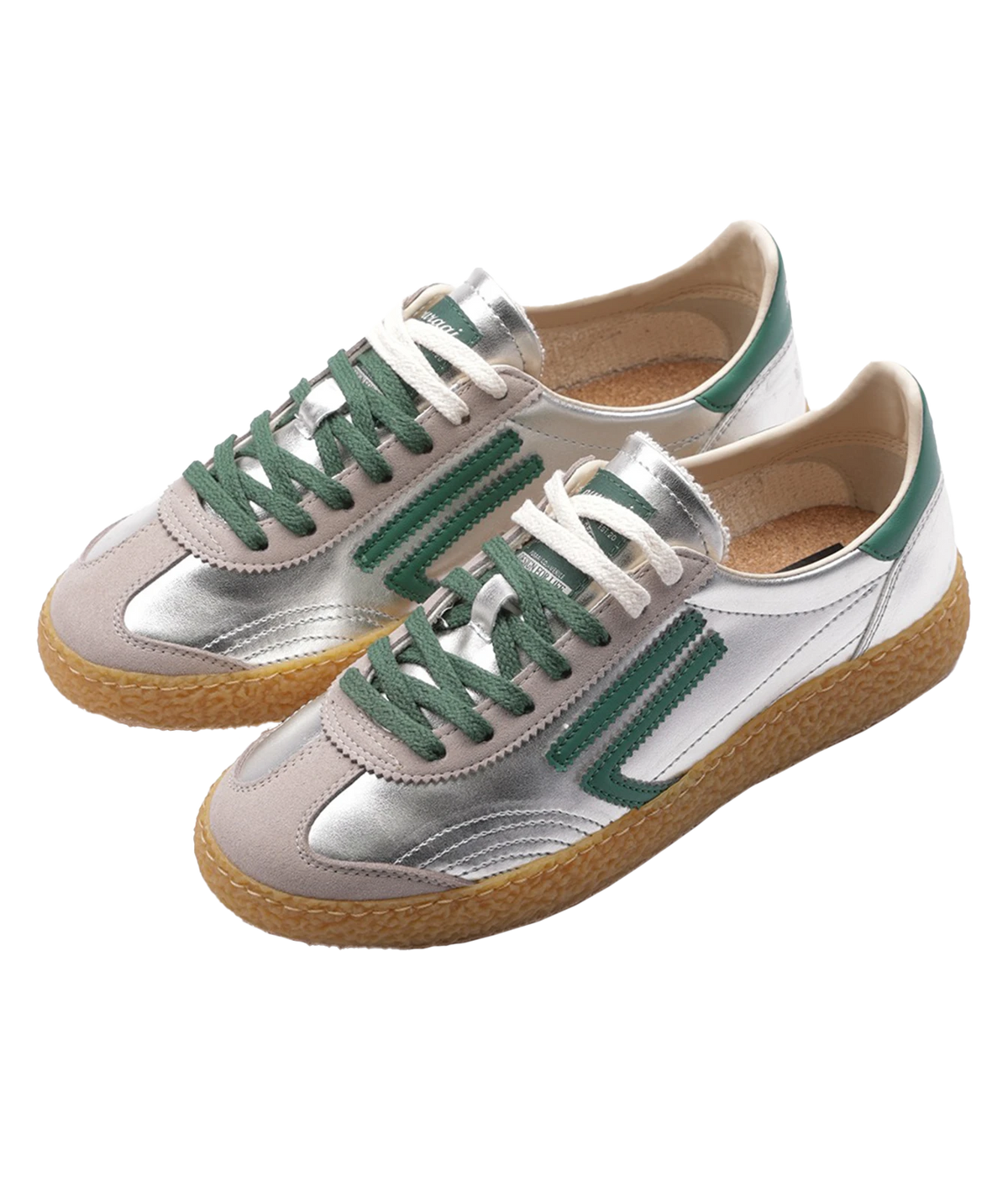 Pair of Puraai 6.01 XS Sneakers in Jade viewed from above at an angle, showing the green laces, taupe toe overlay and green side stripes