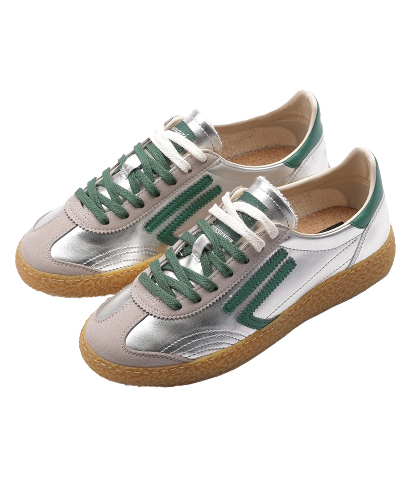 Pair of Puraai 6.01 XS Sneakers in Jade viewed from above at an angle, showing the green laces, taupe toe overlay and green side stripes
