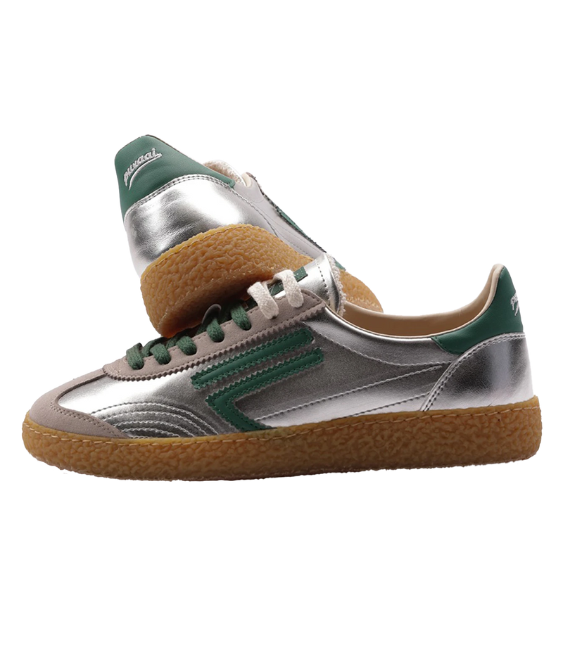 Pair of Puraai 6.01 XS Sneakers in Jade stacked with one resting on top of the other, showing the side stripe and gum sole from two angles