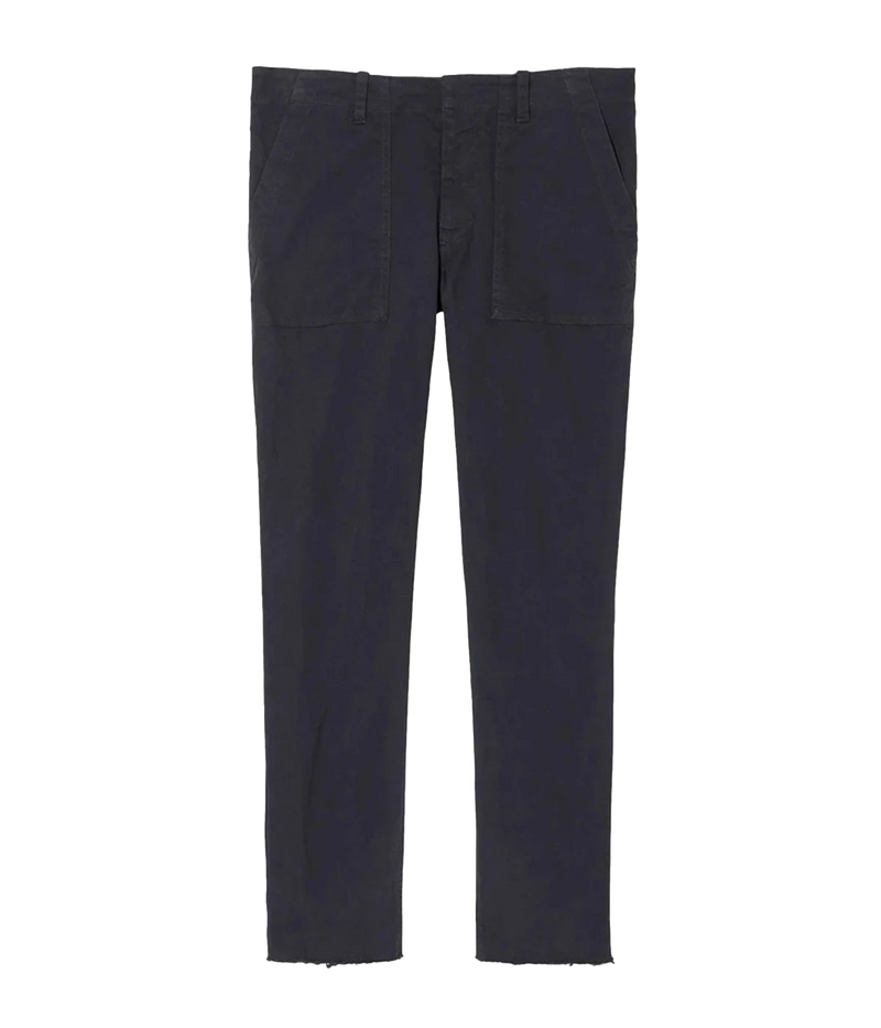 ALT text: Jenna Pant – low-rise slim stretch twill pant in Midnight with raw hem.