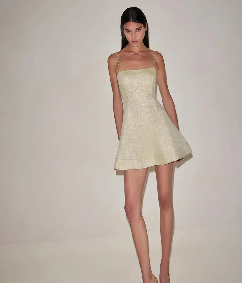 Full-length front view of a model wearing the Alexis Josefin Dress In Gold Mist, showing the fit-and-flare silhouette and mini length