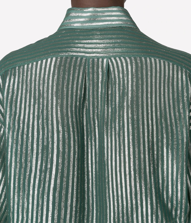 Close-up of the back of a metallic green shirt with vertical silver stripes and a high collar.