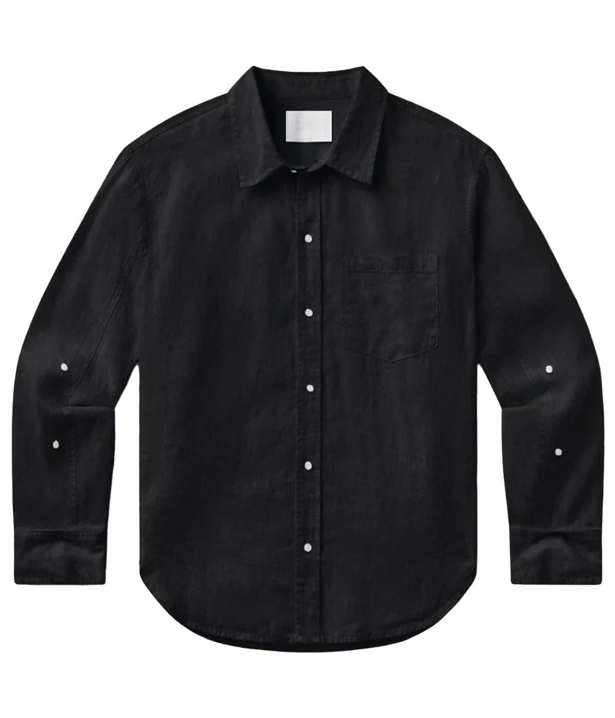 Black button-up shirt with decorative studs on a white background