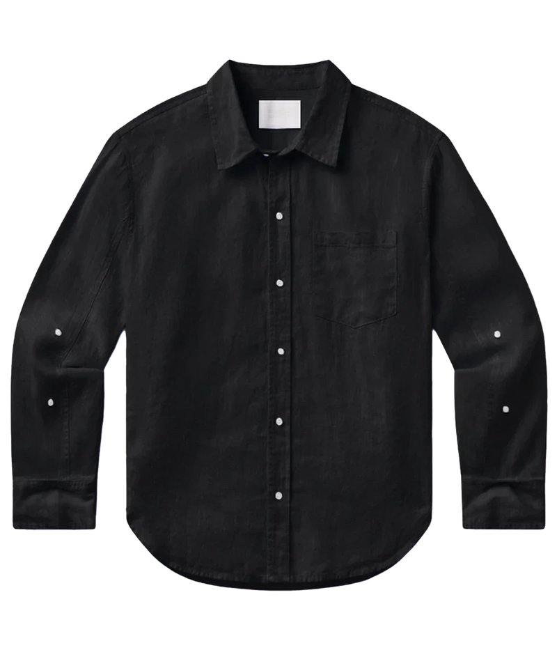 Black button-up shirt with decorative studs on a white background