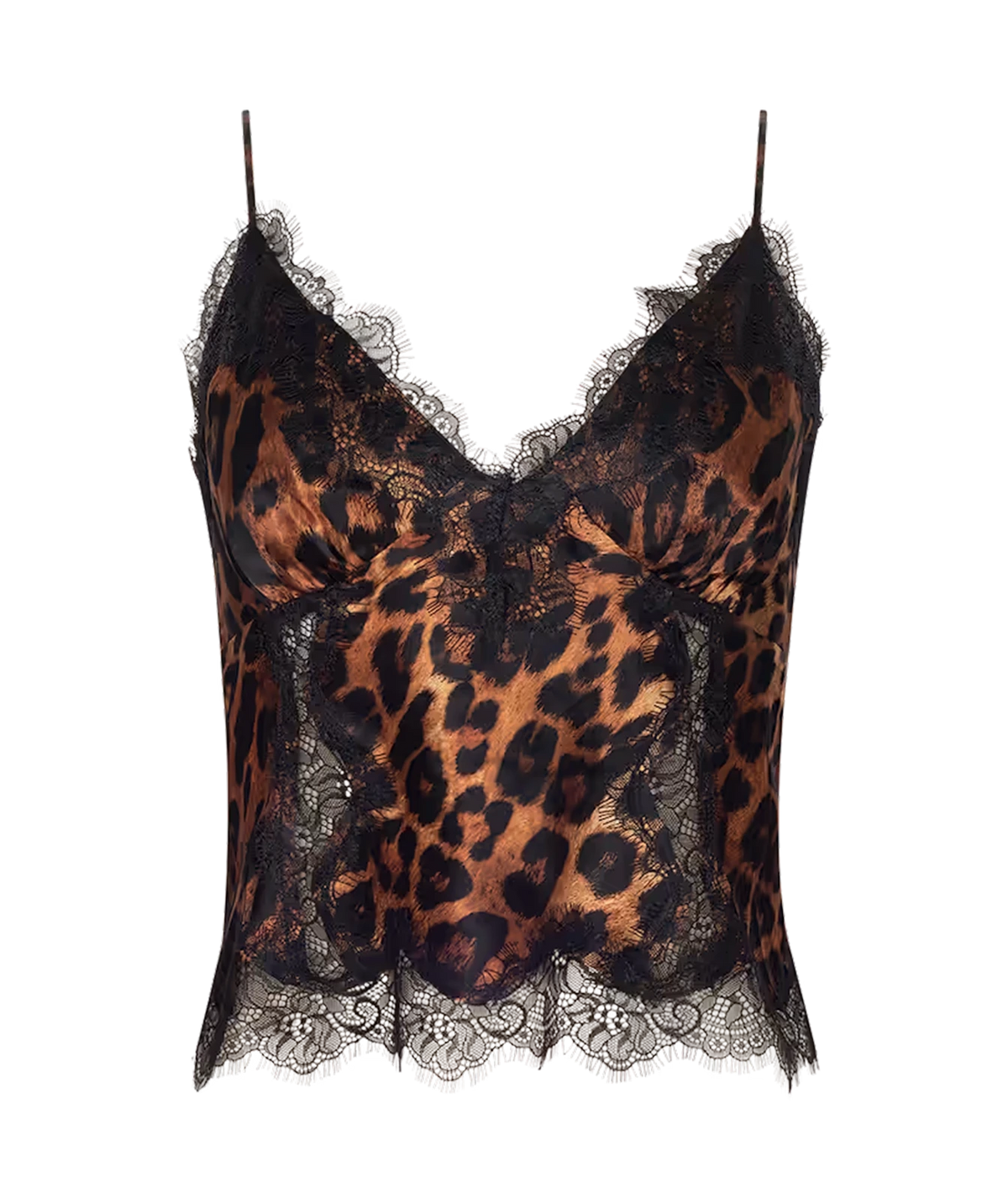 A leopard print lace camisole top with black lace trim and thin shoulder straps, shown against a plain white background.