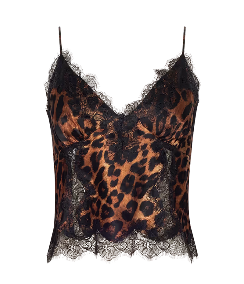 A leopard print lace camisole top with black lace trim and thin shoulder straps, shown against a plain white background.