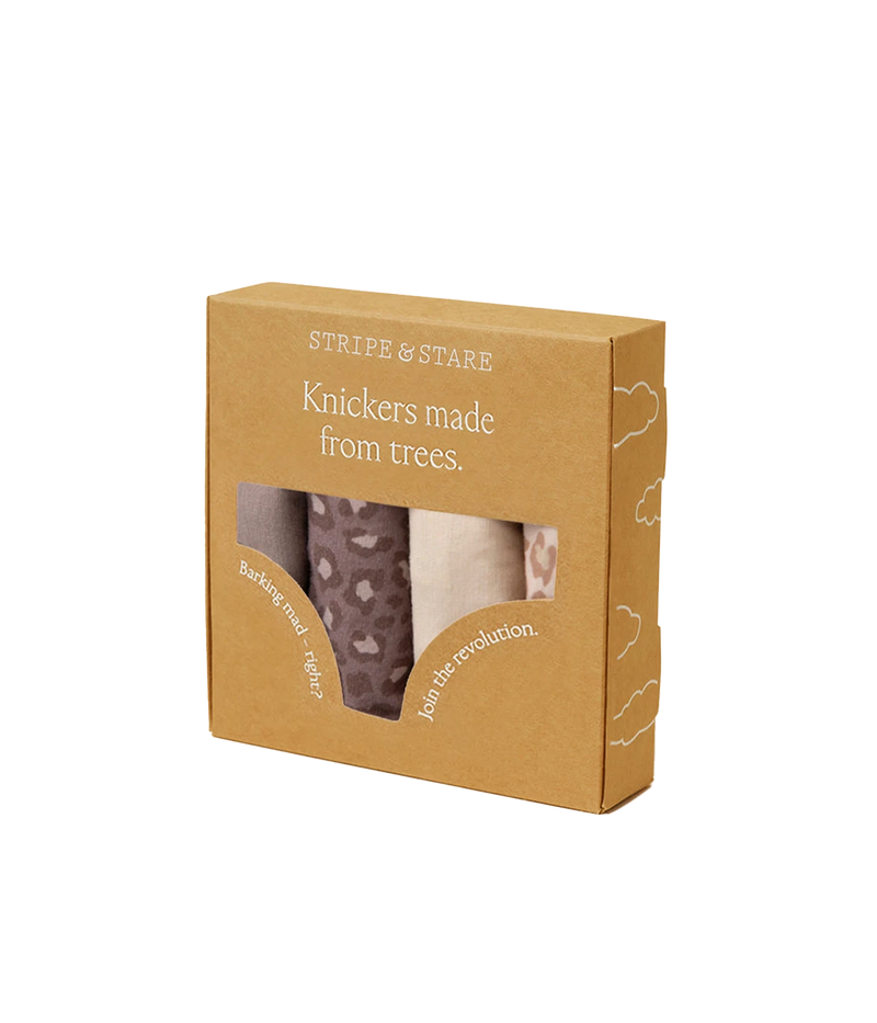 Upgrade your lingerie collection with the Stripe & Stare Knicker Four Pack in Neutral Leopard. This stylish set includes four knickers in soft Sand and Taupe colors, each featuring delicate lace trim that adds a touch of elegance. The playful Original print brings a hint of wildness, making these knickers both chic and comfortable. Perfect for everyday wear, they combine a modern design with a luxurious feel, ensuring you feel confident and stylish beneath your clothes.