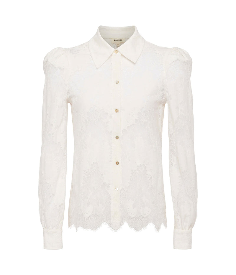 Jenica Lace Blouse in Ivory with intricate floral lace design, long sleeves, padded puff shoulders, scalloped hem, and 1-button cuffs.