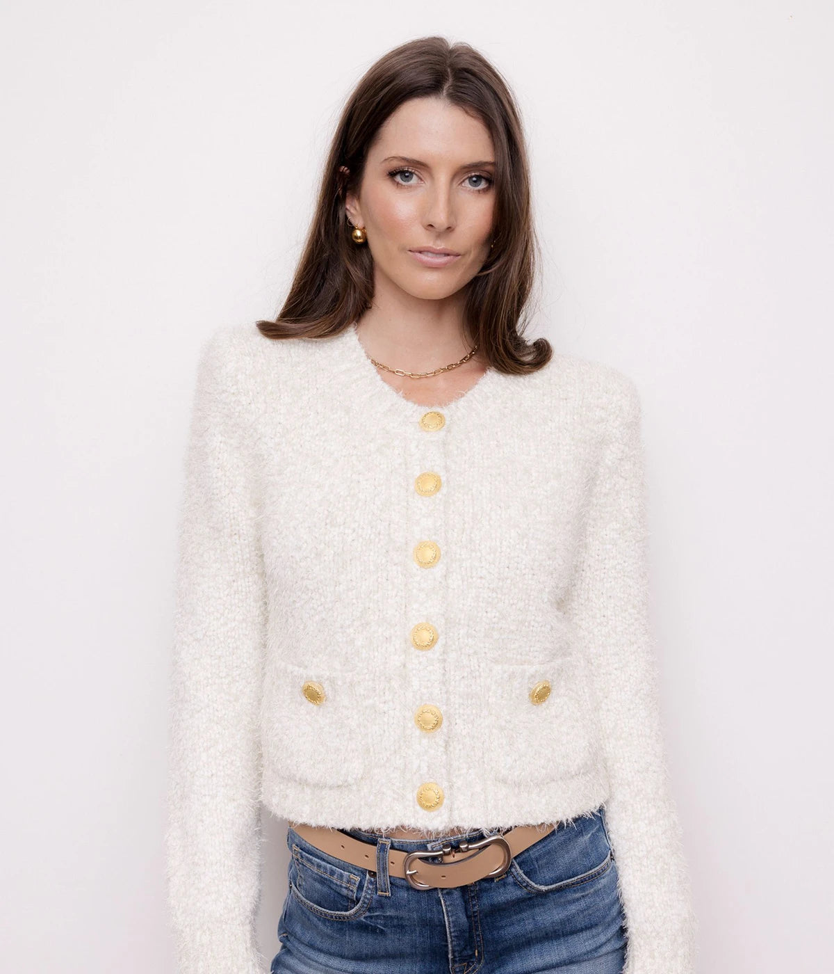 Una Knit Cardigan in Ivory_Gold