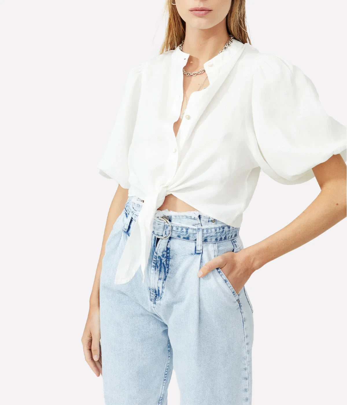 Bubble Linen Crop Top in White