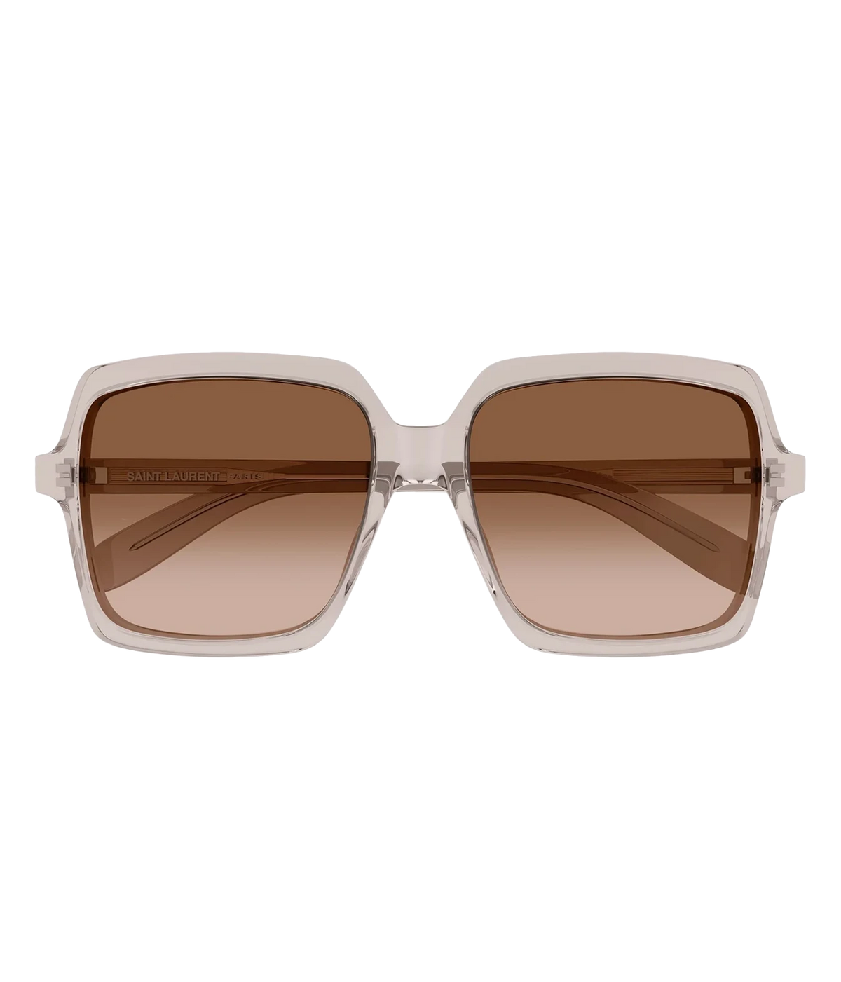 Saint Laurent large square sunglasses with a translucent light beige frame and brown gradient lenses