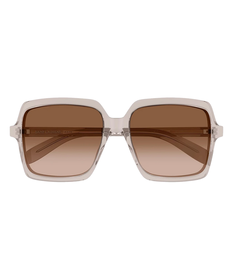 Saint Laurent large square sunglasses with a translucent light beige frame and brown gradient lenses
