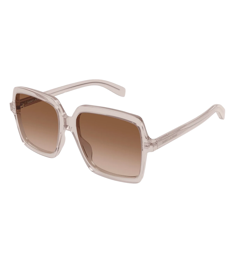 Angled view of Saint Laurent large square sunglasses with transparent nude frame and brown gradient lenses.