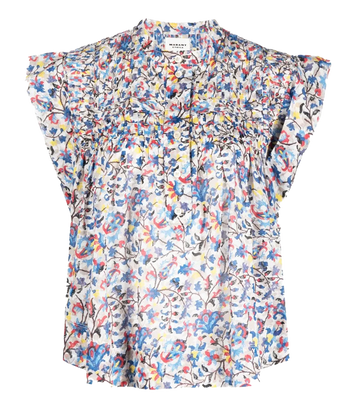  An elevated everyday 100% cotton blouse, in a blue, yellow & red floral print. Featuring textured yoke, cuffed cap sleeves, short sleeve, half button closure and banded hem. 100% organic cotton, everyday blouse, bra friendly, throw on and go, summer staple, made internationally, long lunch, lunch with girlfriends. 