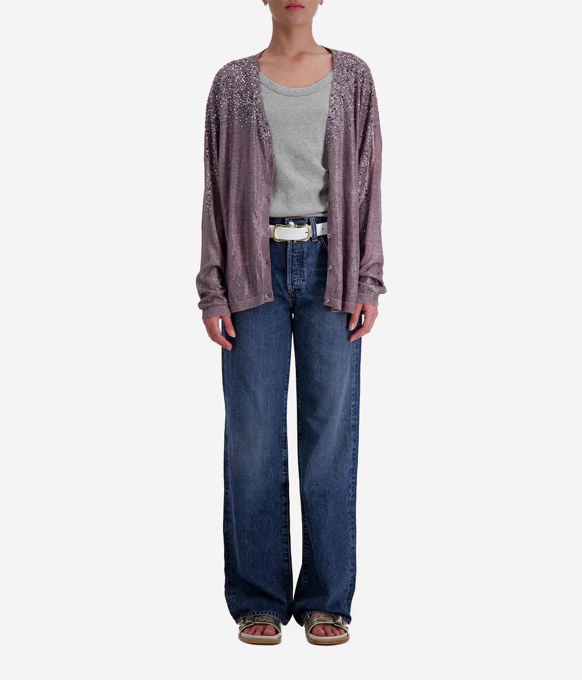 Linen Cardigan with Lamination in Lavendar