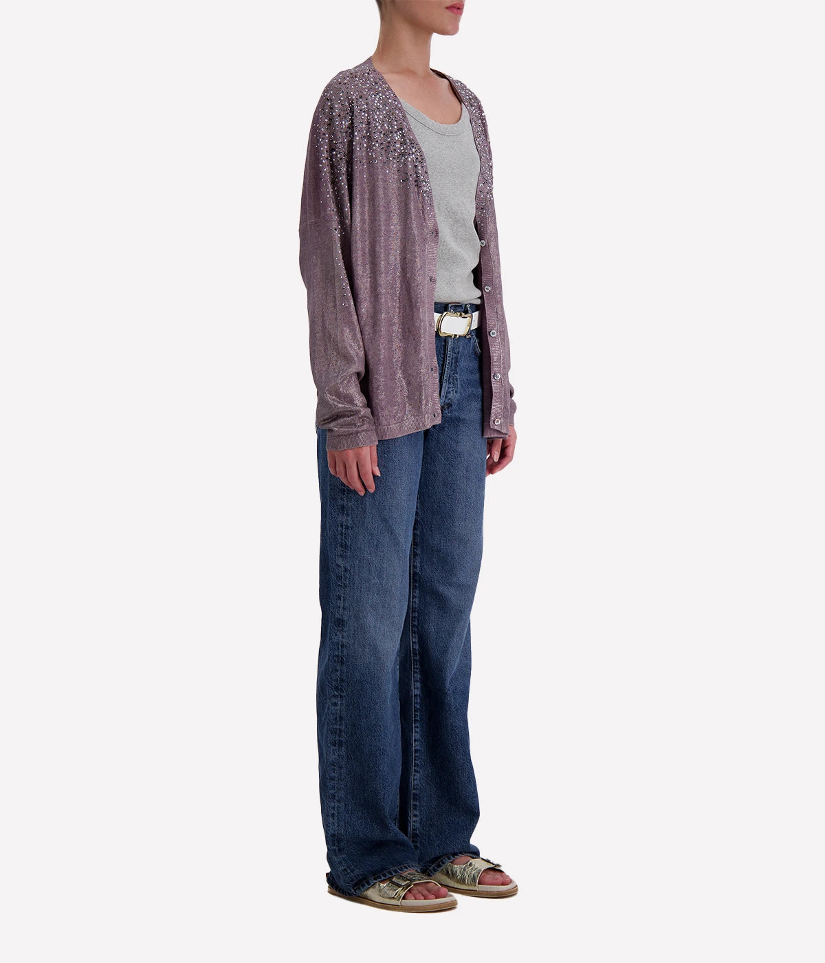 Linen Cardigan with Lamination in Lavendar