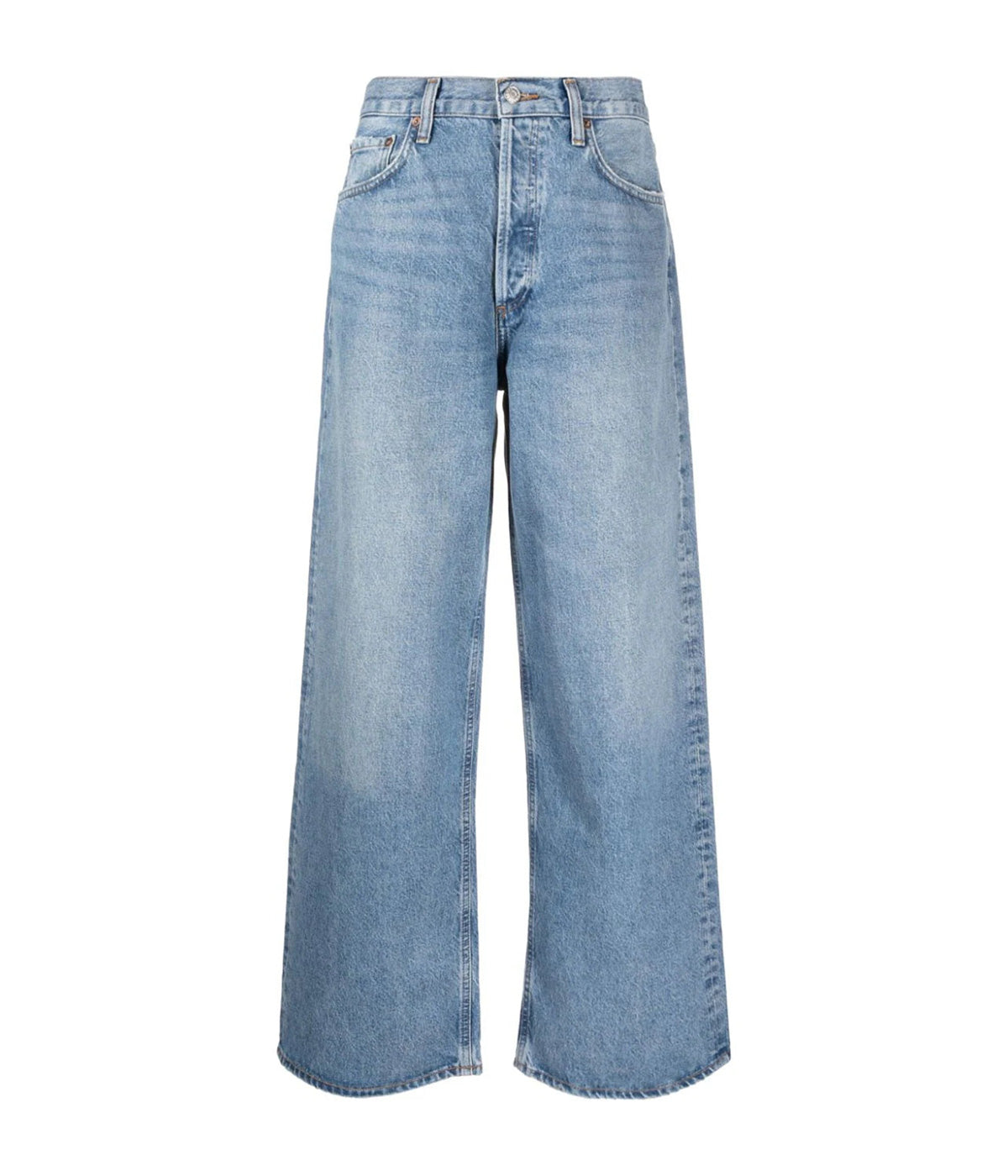 A pair of low-slung baggy jeans in organic cotton, featuring a relaxed fit that sits low on the hips. The jeans have a baggy straight leg, a longer inseam, and a soft, worn-in look. 