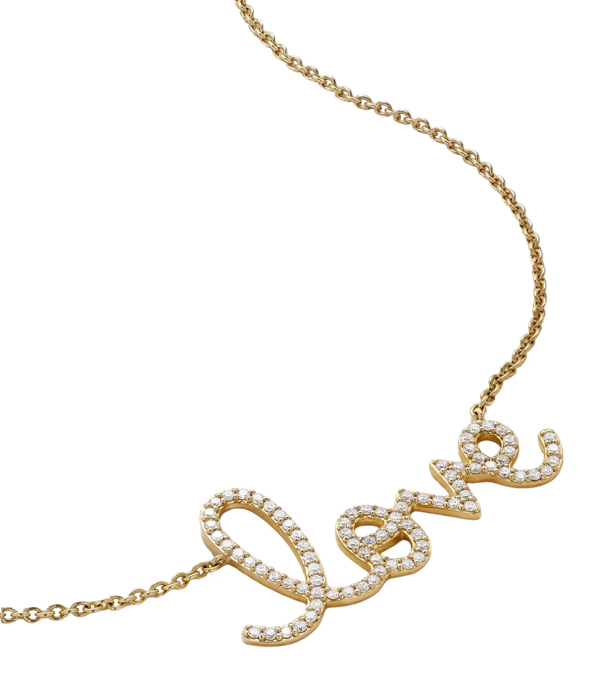 Close-up of the Sydney Evan Love Script Necklace In 14K Yellow Gold, showing the diamond-set looped script lettering on its fine cable chain