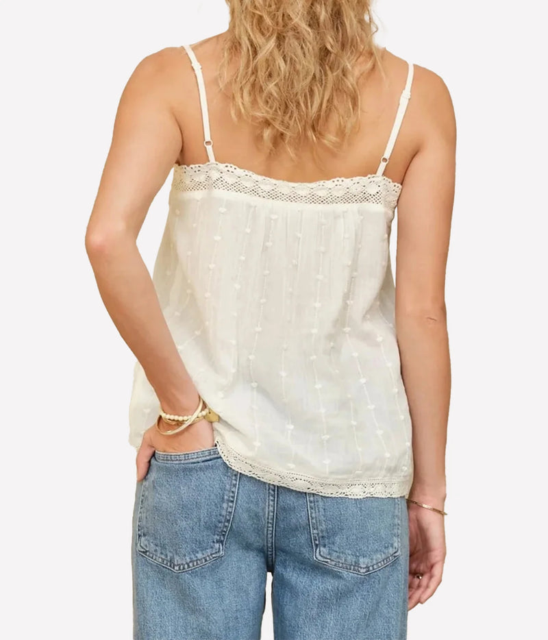 Model wearing the M.A.B.E Alli Embroidered Cami in Ecru – alternate front view
