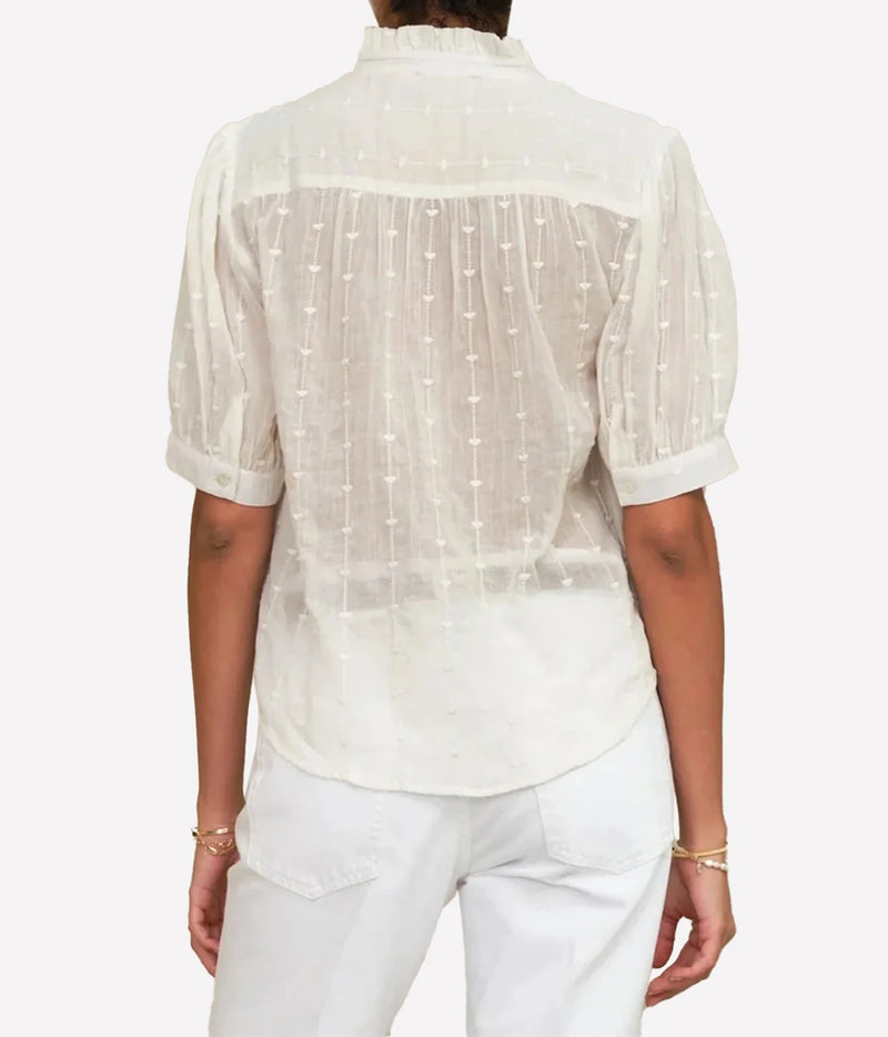 Model wearing the M.A.B.E Alli Embroidered Short Sleeve Top in Ecru – back view
