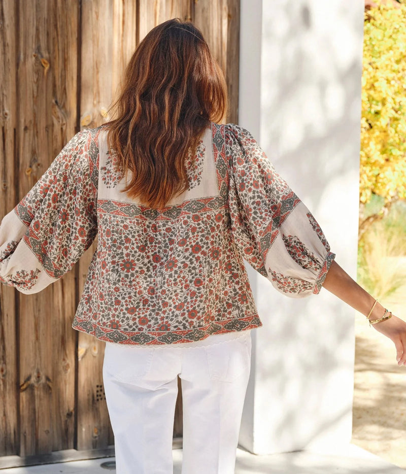 Model wearing the M.A.B.E Della Print Jacket in Rust Khaki – back view