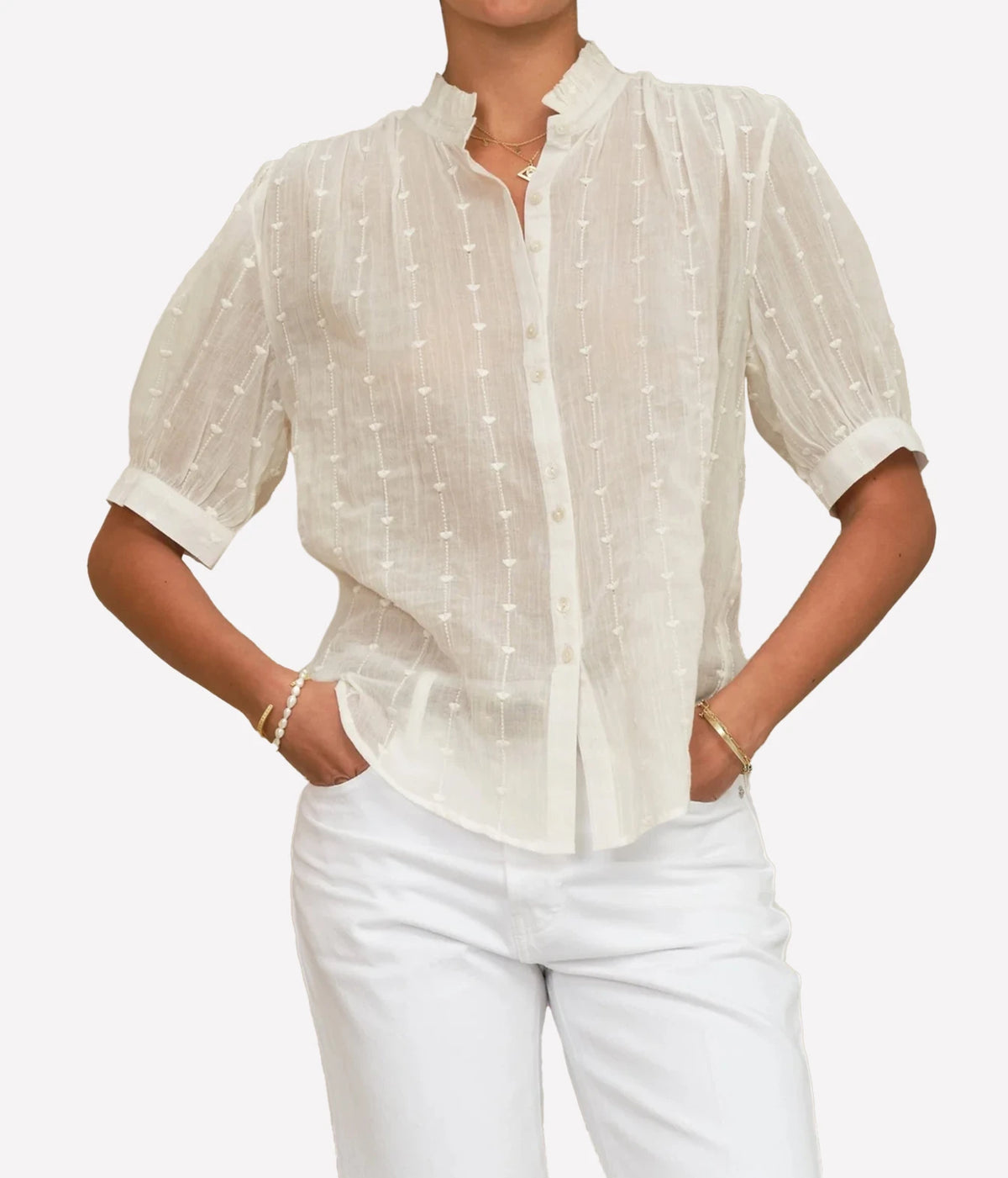 Model wearing the M.A.B.E Alli Embroidered Short Sleeve Top in Ecru – front view