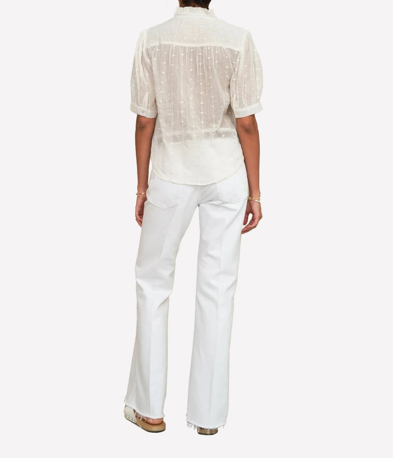 Model wearing the M.A.B.E Alli Embroidered Short Sleeve Top in Ecru – full-length back view