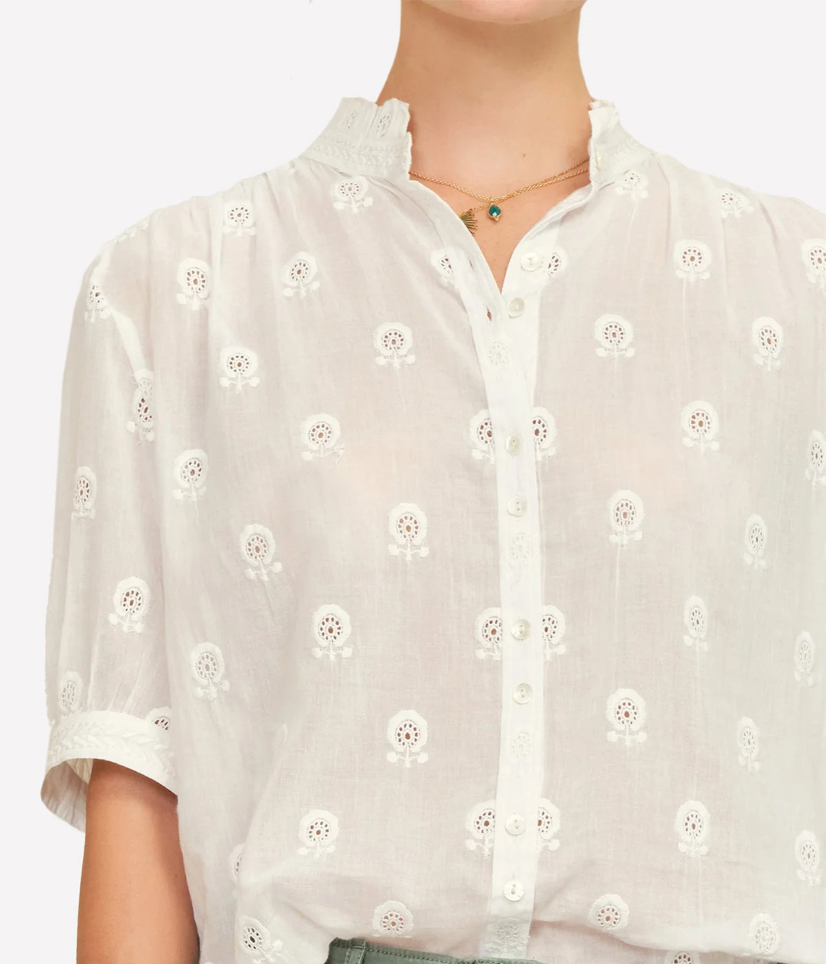 M.A.B.E Frani Embroidered Short Sleeve Top in White – close-up of embroidery and collar