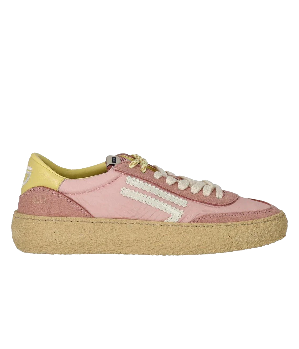 A low-top sneaker in dusty pink featuring cream-colored double stripes on the side, a yellow heel tab, and a thick textured beige platform sole. 4.05 Polly Sneaker in Maquillage Puraai
