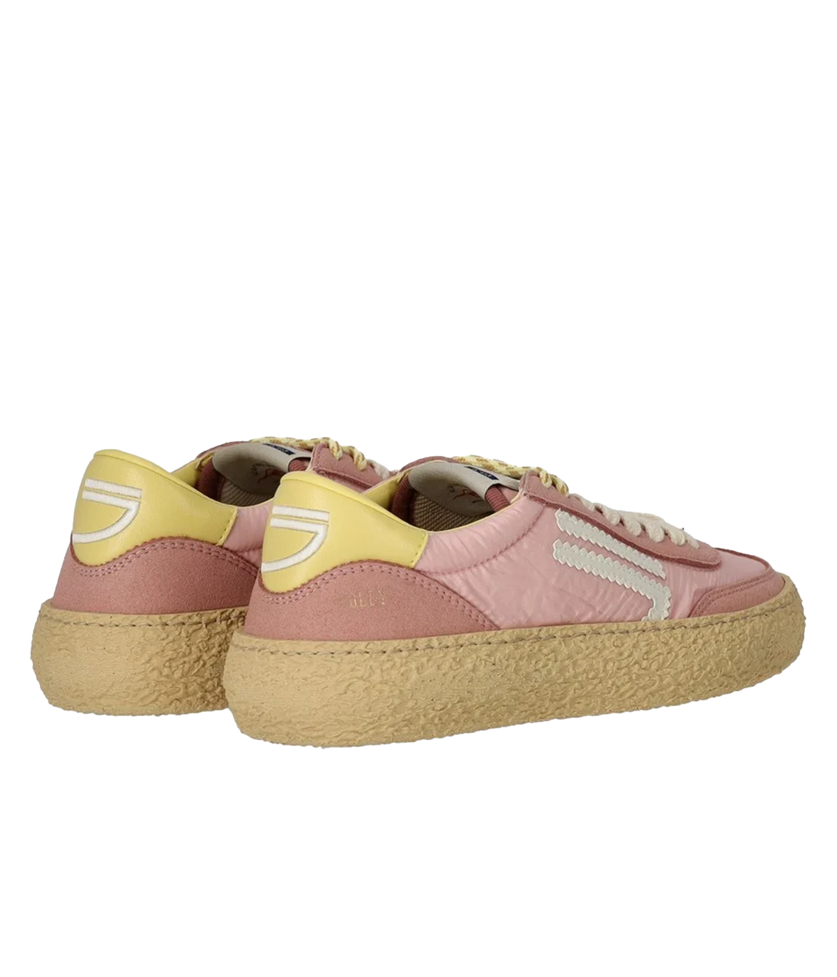 A pair of low-top sneakers in dusty pink and pale yellow with textured beige soles, 4.05 Polly Sneaker in Maquillage Puraai