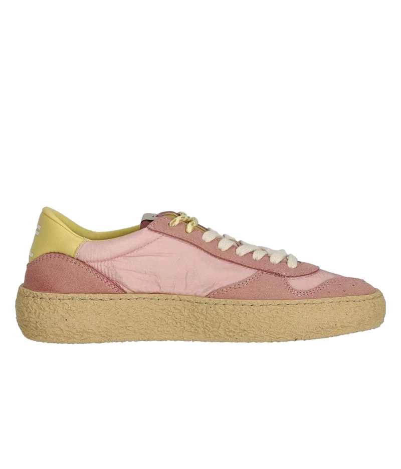 A low-top sneaker featuring dusty pink and light pink suede panels, a yellow heel tab, off-white laces, and a textured beige platform sole, 4.05 Polly Sneaker in Maquillage Puraai