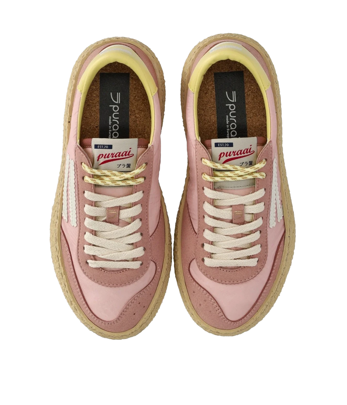 A pair of low-top sneakers shown from a top-down view. The shoes are primarily dusty pink with cream/off-white laces, 4.05 Polly Sneaker in Maquillage Puraai