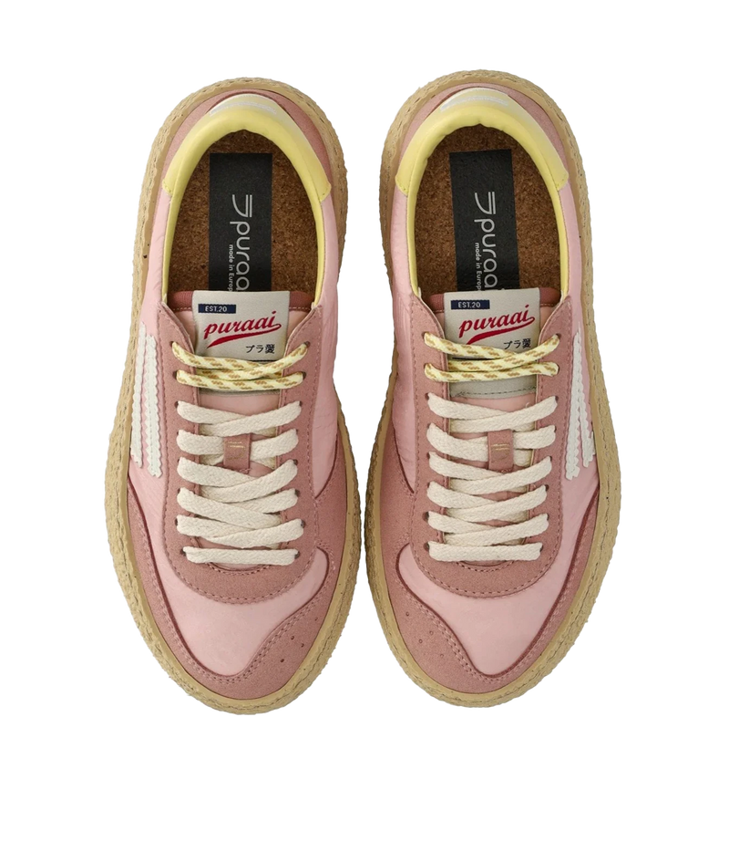 A pair of low-top sneakers shown from a top-down view. The shoes are primarily dusty pink with cream/off-white laces, 4.05 Polly Sneaker in Maquillage Puraai