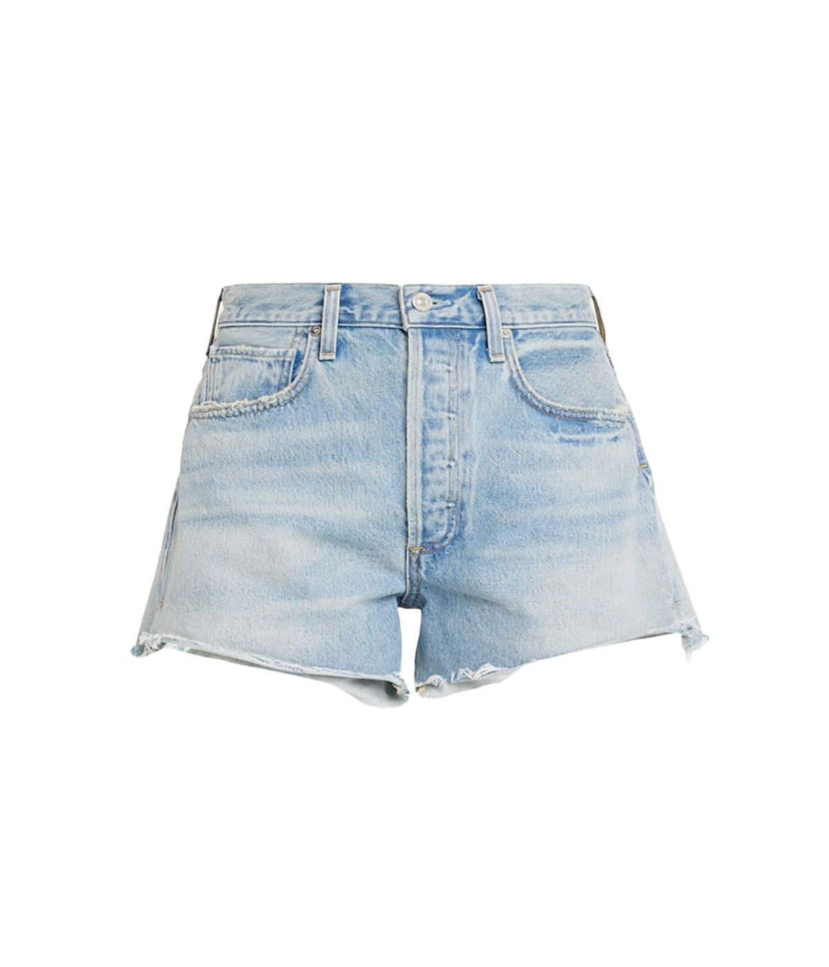 ALT text: Citizens of Humanity light indigo mid-rise cut-off shorts with undone edges and non-stretch denim