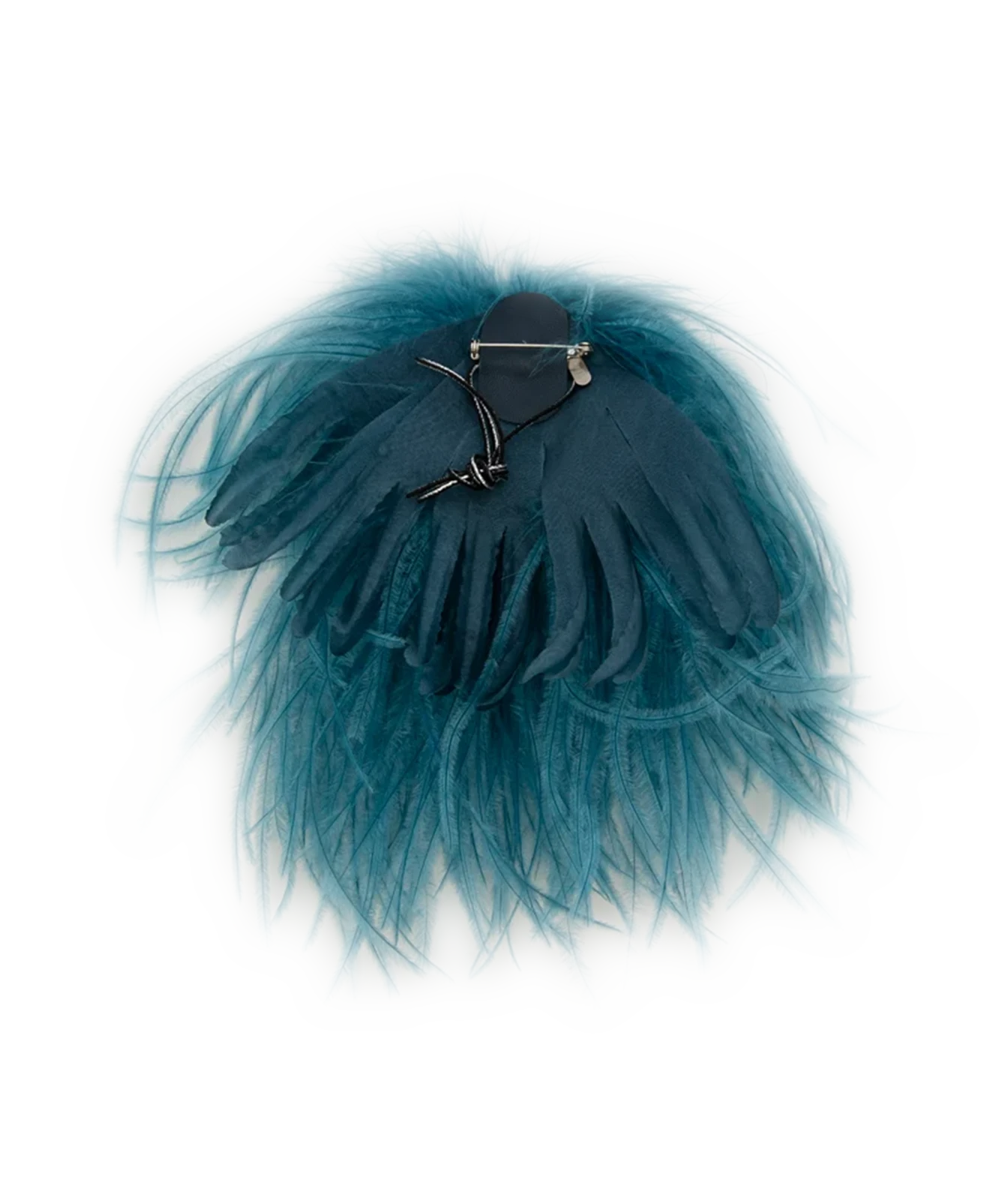 A teal blue tulle feather hair accessory with a dark blue fabric center and a silver metal claw clip, displayed on a plain white background.