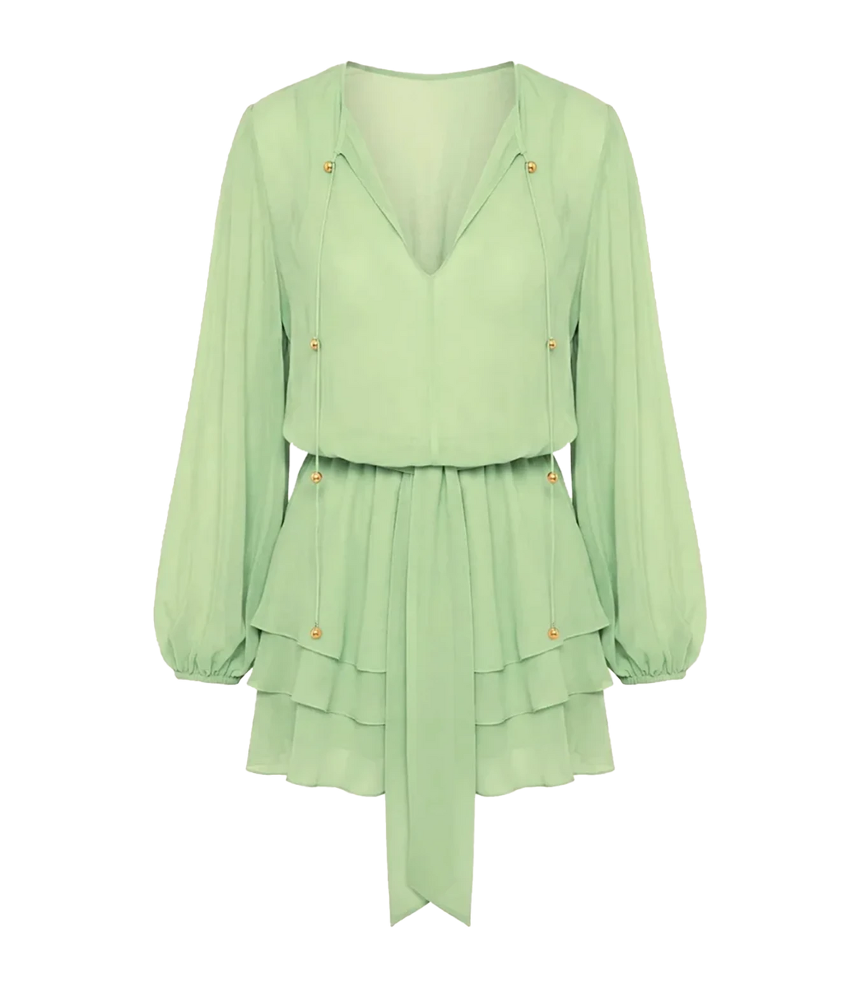 Alexis Milosia Dress In Pistachio shown flat from the front, showing the plunging V-neckline with neck ties, voluminous long sleeves with cuffs, tie waist with a long hanging sash and cascading layered mini hem