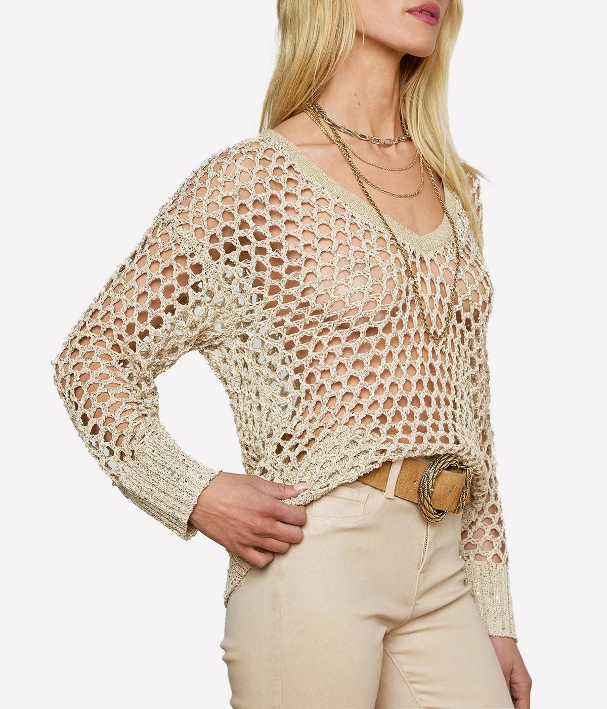 Nashwa Embellished V NK Sweater in Natural Multi