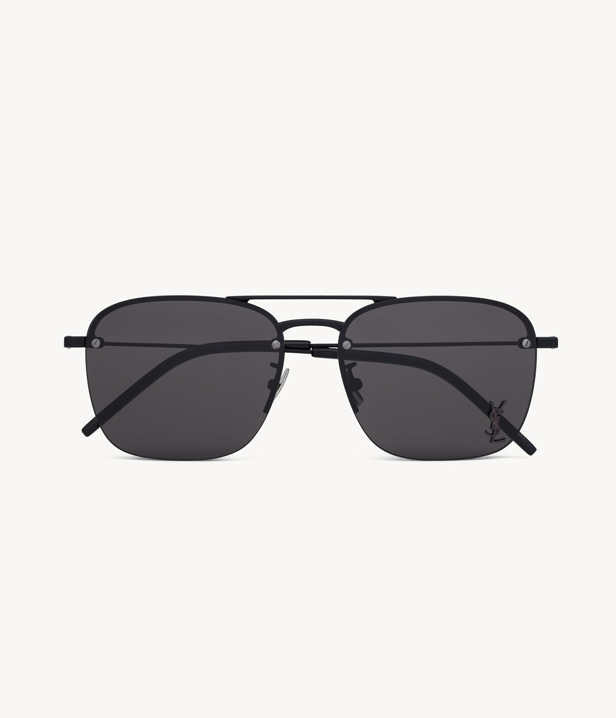 ALT Text: Saint Laurent rimless sunglasses with gradient-effect lenses and gold frames, featuring the Cassandre monogram.