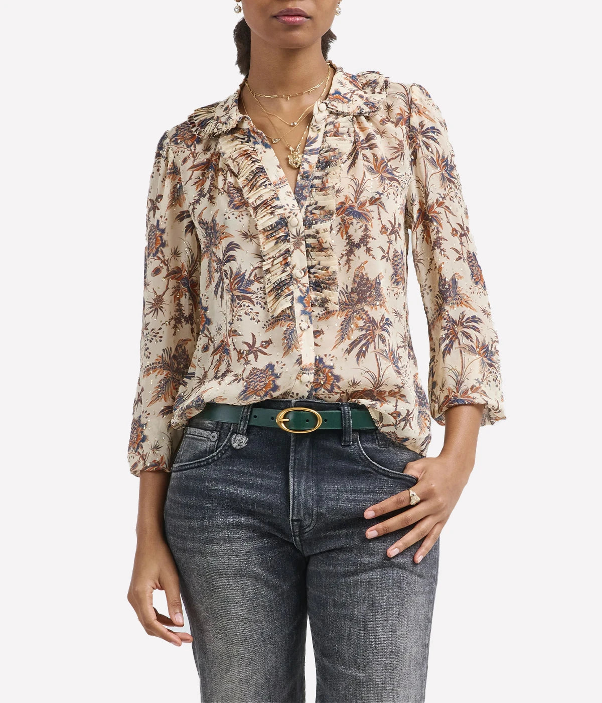 Nina Ruffle Placket Btn Front Blouse in Cameo